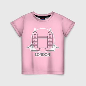 Детская футболка 3D с принтом Лондон London Tower bridge в Петрозаводске, 100% гипоаллергенный полиэфир | прямой крой, круглый вырез горловины, длина до линии бедер, чуть спущенное плечо, ткань немного тянется | bridge | england | english | gb | london | tower | uk | английский | англия | башни | великобритания | закат | иконка | лайнарт | лондон | мост | надпись | розовый круг | слово | тауэрский | юк
