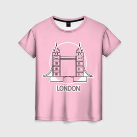 Женская футболка 3D с принтом Лондон London Tower bridge в Петрозаводске, 100% полиэфир ( синтетическое хлопкоподобное полотно) | прямой крой, круглый вырез горловины, длина до линии бедер | bridge | england | english | gb | london | tower | uk | английский | англия | башни | великобритания | закат | иконка | лайнарт | лондон | мост | надпись | розовый круг | слово | тауэрский | юк
