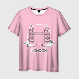 Мужская футболка 3D с принтом Лондон London Tower bridge в Петрозаводске, 100% полиэфир | прямой крой, круглый вырез горловины, длина до линии бедер | Тематика изображения на принте: bridge | england | english | gb | london | tower | uk | английский | англия | башни | великобритания | закат | иконка | лайнарт | лондон | мост | надпись | розовый круг | слово | тауэрский | юк