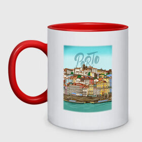 Кружка двухцветная с принтом Porto. Порту. Португалия. в Петрозаводске, керамика | объем — 330 мл, диаметр — 80 мм. Цветная ручка и кайма сверху, в некоторых цветах — вся внутренняя часть | city | europe | lettering | porto | portugal | river | roofs | town | город | город на реке | городской пейзаж | дома | домики | европа | здания | крыши | леттеринг | лодки | порту | португалия