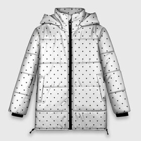Женская зимняя куртка 3D с принтом Сердечки черные на белом в Петрозаводске, верх — 100% полиэстер; подкладка — 100% полиэстер; утеплитель — 100% полиэстер | длина ниже бедра, силуэт Оверсайз. Есть воротник-стойка, отстегивающийся капюшон и ветрозащитная планка. 

Боковые карманы с листочкой на кнопках и внутренний карман на молнии | Тематика изображения на принте: heart pattern | hearts | polka dot hearts | сердечки | сердечки в стиле горошек | сердечки горошек | сердечки узорчик | сердце | сердце узор | узор горошек
