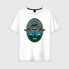Женская футболка хлопок Oversize с принтом UFO в Петрозаводске, 100% хлопок | свободный крой, круглый ворот, спущенный рукав, длина до линии бедер
 | Тематика изображения на принте: aliens | nasa | space | галактика | звезды | космос | наса | нло | пришелец