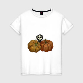 Женская футболка хлопок с принтом Тыковки в Петрозаводске, 100% хлопок | прямой крой, круглый вырез горловины, длина до линии бедер, слегка спущенное плечо | жнец | рисунок | скелет | тыквы | хэллоуин | череп