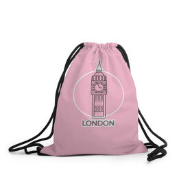 Рюкзак-мешок 3D с принтом Биг Бен, Лондон, London в Петрозаводске, 100% полиэстер | плотность ткани — 200 г/м2, размер — 35 х 45 см; лямки — толстые шнурки, застежка на шнуровке, без карманов и подкладки | big ben | clock | england | europe | london | pink | travel | англия | башня | башня елизаветы | биг бен | великобритания | европа | иконка | круг | лондон | надпись | путешествия | розовый | символ | часы