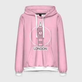 Мужская толстовка 3D с принтом Биг Бен, Лондон, London в Петрозаводске, 100% полиэстер | двухслойный капюшон со шнурком для регулировки, мягкие манжеты на рукавах и по низу толстовки, спереди карман-кенгуру с мягким внутренним слоем. | big ben | clock | england | europe | london | pink | travel | англия | башня | башня елизаветы | биг бен | великобритания | европа | иконка | круг | лондон | надпись | путешествия | розовый | символ | часы