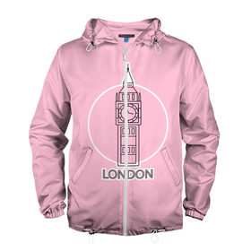Мужская ветровка 3D с принтом Биг Бен, Лондон, London в Петрозаводске, 100% полиэстер | подол и капюшон оформлены резинкой с фиксаторами, два кармана без застежек по бокам, один потайной карман на груди | Тематика изображения на принте: big ben | clock | england | europe | london | pink | travel | англия | башня | башня елизаветы | биг бен | великобритания | европа | иконка | круг | лондон | надпись | путешествия | розовый | символ | часы