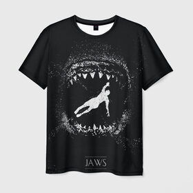 Мужская футболка 3D с принтом Челюсти JAWS в Петрозаводске, 100% полиэфир | прямой крой, круглый вырез горловины, длина до линии бедер | 2020 | shark | sharks | акула | акулы | зубы | клыки | мегаладон | меголадон | пиранья | про | фильм | фильм про акул | фильм челюсти | хеллоуин | хэллоуин | челюсти