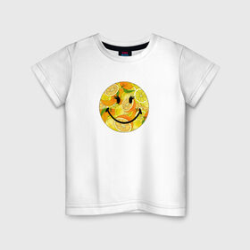 Детская футболка хлопок с принтом Смайлик с цитрусами в Петрозаводске, 100% хлопок | круглый вырез горловины, полуприлегающий силуэт, длина до линии бедер | Тематика изображения на принте: апельсин | апельсинки | весёлый | детский | жара | желтый | женский | зелёный | лаймы | летний | лето | лимон | лимоны | оранжевый | отдых | пляж | подростковый | прикол | прикольный | радость | ребёнок
