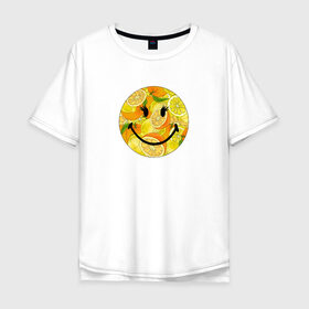 Мужская футболка хлопок Oversize с принтом Смайлик с цитрусами в Петрозаводске, 100% хлопок | свободный крой, круглый ворот, “спинка” длиннее передней части | Тематика изображения на принте: апельсин | апельсинки | весёлый | детский | жара | желтый | женский | зелёный | лаймы | летний | лето | лимон | лимоны | оранжевый | отдых | пляж | подростковый | прикол | прикольный | радость | ребёнок