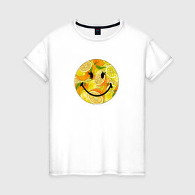 Женская футболка хлопок с принтом Смайлик с цитрусами в Петрозаводске, 100% хлопок | прямой крой, круглый вырез горловины, длина до линии бедер, слегка спущенное плечо | апельсин | апельсинки | весёлый | детский | жара | желтый | женский | зелёный | лаймы | летний | лето | лимон | лимоны | оранжевый | отдых | пляж | подростковый | прикол | прикольный | радость | ребёнок