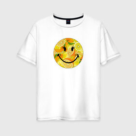 Женская футболка хлопок Oversize с принтом Смайлик с цитрусами в Петрозаводске, 100% хлопок | свободный крой, круглый ворот, спущенный рукав, длина до линии бедер
 | апельсин | апельсинки | весёлый | детский | жара | желтый | женский | зелёный | лаймы | летний | лето | лимон | лимоны | оранжевый | отдых | пляж | подростковый | прикол | прикольный | радость | ребёнок