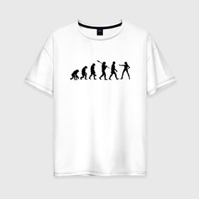 Женская футболка хлопок Oversize с принтом Эволюция. в Петрозаводске, 100% хлопок | свободный крой, круглый ворот, спущенный рукав, длина до линии бедер
 | баба | девишник | девочка | девушка | деградация | женщина | каблуки | люди | мужик | мужчина | обезьяна | пацан | подругам | прикол | приматы | рисунок | рука | силуэт | силуэты | стоп | феминизм