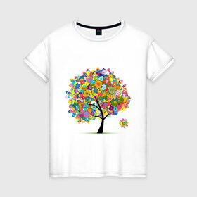 Женская футболка хлопок с принтом Flower tree в Петрозаводске, 100% хлопок | прямой крой, круглый вырез горловины, длина до линии бедер, слегка спущенное плечо | Тематика изображения на принте: девушкам | дерево | зелень | листок | орнамент | цветы