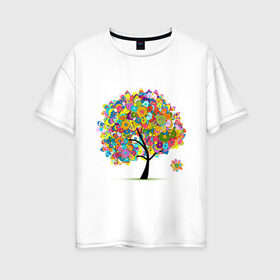 Женская футболка хлопок Oversize с принтом Flower tree в Петрозаводске, 100% хлопок | свободный крой, круглый ворот, спущенный рукав, длина до линии бедер
 | девушкам | дерево | зелень | листок | орнамент | цветы