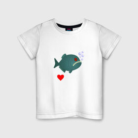 Детская футболка хлопок с принтом Добрая пиранья в Петрозаводске, 100% хлопок | круглый вырез горловины, полуприлегающий силуэт, длина до линии бедер | piranha | акула | амазонка | вода | зубастик | клыки | кровь | монстр | пиранья | природа | река | рыба | стая | хищник | циник | циничный | юмор