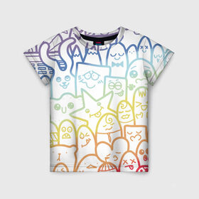 Детская футболка 3D с принтом Радужные дудлы в Петрозаводске, 100% гипоаллергенный полиэфир | прямой крой, круглый вырез горловины, длина до линии бедер, чуть спущенное плечо, ткань немного тянется | doodle | горы | динозавр | дудл | жираф | заяц | звезда | карандаш | лапки | медведь | облако | птица | радуга | сердце | телевизор | улыбка | утёнок