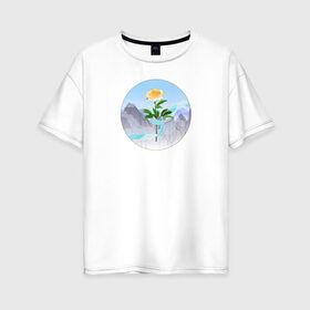 Женская футболка хлопок Oversize с принтом Пион и лента в Петрозаводске, 100% хлопок | свободный крой, круглый ворот, спущенный рукав, длина до линии бедер
 | горы | гусу лань | ланьлин цзинь | пион | сияние средь снегов | цветок