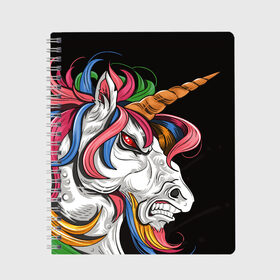 Тетрадь с принтом Evil unicorn в Петрозаводске, 100% бумага | 48 листов, плотность листов — 60 г/м2, плотность картонной обложки — 250 г/м2. Листы скреплены сбоку удобной пружинной спиралью. Уголки страниц и обложки скругленные. Цвет линий — светло-серый
 | black | blue | evil | evil unicorn | green yellow | horn | horse | multicolored | pink | red | white | белый | зеленый желтый | зло | злой единорог | конь | красный | лошадь | разноцветный | рог | розовый | синий | черный