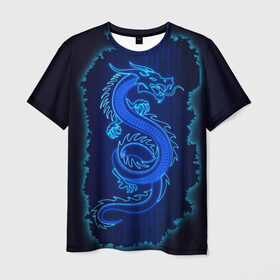 Мужская футболка 3D с принтом NEON DRAGON в Петрозаводске, 100% полиэфир | прямой крой, круглый вырез горловины, длина до линии бедер | Тематика изображения на принте: дракон | китайский дракон | неон | неоновый дракон