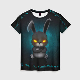 Женская футболка 3D с принтом NEON HARE в Петрозаводске, 100% полиэфир ( синтетическое хлопкоподобное полотно) | прямой крой, круглый вырез горловины, длина до линии бедер | животное | заяц | злое | злые глаза | кролик | неон | плюшевое