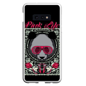 Чехол для Samsung S10E с принтом Розовая жизнь в Петрозаводске, Силикон | Область печати: задняя сторона чехла, без боковых панелей | Тематика изображения на принте: голова медведя. | голова панды | медведи | орнамент | панда | панда в розовых очках | розовая жизнь | розовый стиль | розы