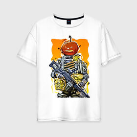 Женская футболка хлопок Oversize с принтом Хэллоуин Калибр в Петрозаводске, 100% хлопок | свободный крой, круглый ворот, спущенный рукав, длина до линии бедер
 | калибр | солдат | тыква | хэллоуин