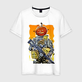 Мужская футболка хлопок с принтом Хэллоуин Калибр в Петрозаводске, 100% хлопок | прямой крой, круглый вырез горловины, длина до линии бедер, слегка спущенное плечо. | калибр | солдат | тыква | хэллоуин