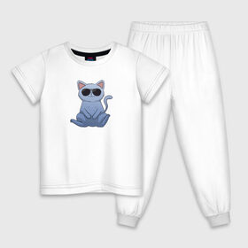 Детская пижама хлопок с принтом Blue Cat в Петрозаводске, 100% хлопок |  брюки и футболка прямого кроя, без карманов, на брюках мягкая резинка на поясе и по низу штанин
 | домашний | животные | звери | киса | киска | кот | котенок | котэ | котя | кошка | крутой | лапочка | милый | мимими | модный | очки | синий | хороший