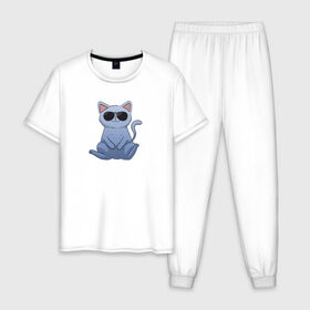 Мужская пижама хлопок с принтом Blue Cat в Петрозаводске, 100% хлопок | брюки и футболка прямого кроя, без карманов, на брюках мягкая резинка на поясе и по низу штанин
 | домашний | животные | звери | киса | киска | кот | котенок | котэ | котя | кошка | крутой | лапочка | милый | мимими | модный | очки | синий | хороший