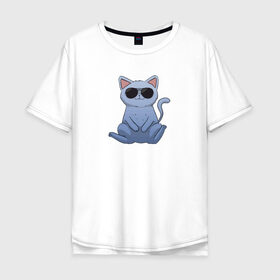 Мужская футболка хлопок Oversize с принтом Blue Cat в Петрозаводске, 100% хлопок | свободный крой, круглый ворот, “спинка” длиннее передней части | домашний | животные | звери | киса | киска | кот | котенок | котэ | котя | кошка | крутой | лапочка | милый | мимими | модный | очки | синий | хороший