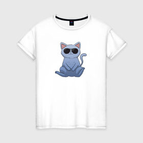Женская футболка хлопок с принтом Blue Cat в Петрозаводске, 100% хлопок | прямой крой, круглый вырез горловины, длина до линии бедер, слегка спущенное плечо | домашний | животные | звери | киса | киска | кот | котенок | котэ | котя | кошка | крутой | лапочка | милый | мимими | модный | очки | синий | хороший