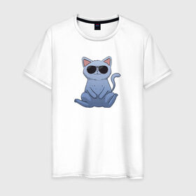 Мужская футболка хлопок с принтом Blue Cat в Петрозаводске, 100% хлопок | прямой крой, круглый вырез горловины, длина до линии бедер, слегка спущенное плечо. | домашний | животные | звери | киса | киска | кот | котенок | котэ | котя | кошка | крутой | лапочка | милый | мимими | модный | очки | синий | хороший