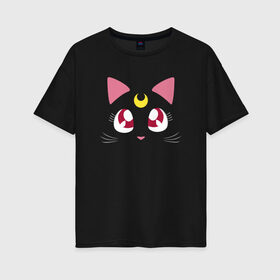 Женская футболка хлопок Oversize с принтом Luna Cat. Sailor Moon в Петрозаводске, 100% хлопок | свободный крой, круглый ворот, спущенный рукав, длина до линии бедер
 | anime | cute | аниме | взгляд | волшебство | глаза | киса | киска | кот | котенок | котэ | котя | кошка | лапочка | луна | магия | месяц | милый | мимими | мордочка | сейлор мун | хороший | япония