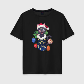 Женская футболка хлопок Oversize с принтом Christmas Luna Cat в Петрозаводске, 100% хлопок | свободный крой, круглый ворот, спущенный рукав, длина до линии бедер
 | 2021 | anime | sailor moon | дед мороз | игрушки | кот | котенок | котик | котэ | котя | кошка | лапочка | луна | милый | мимими | новогодний | новый год | носок | подарок | рождество | сейлор мун