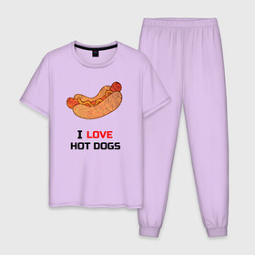 Мужская пижама хлопок с принтом Love HOT DOGS в Петрозаводске, 100% хлопок | брюки и футболка прямого кроя, без карманов, на брюках мягкая резинка на поясе и по низу штанин
 | еда | люблю | питание | сосиска | хот дог