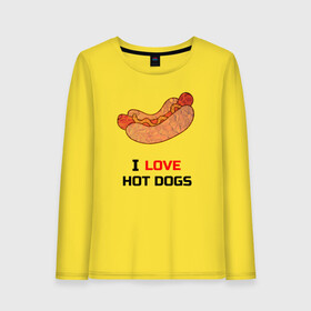 Женский лонгслив хлопок с принтом Love HOT DOGS в Петрозаводске, 100% хлопок |  | Тематика изображения на принте: еда | люблю | питание | сосиска | хот дог