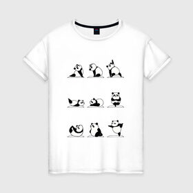 Женская футболка хлопок с принтом Панда занимается йогой в Петрозаводске, 100% хлопок | прямой крой, круглый вырез горловины, длина до линии бедер, слегка спущенное плечо | ега | йога | йога и фитнес | карамель | кунг фу | кунг фу панда | панда | пандора | панды | по | с пандами | с пандой | фитнес