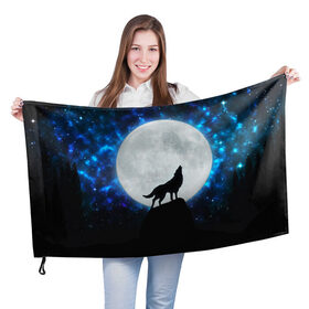 Флаг 3D с принтом Волк воющий на луну в Петрозаводске, 100% полиэстер | плотность ткани — 95 г/м2, размер — 67 х 109 см. Принт наносится с одной стороны | wolf | волк | волки | волчица | животные | одинокий волк