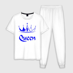 Мужская пижама хлопок с принтом Queen  в Петрозаводске, 100% хлопок | брюки и футболка прямого кроя, без карманов, на брюках мягкая резинка на поясе и по низу штанин
 | Тематика изображения на принте: blue crown | crown | crown print | queen | queen lettering | queen print | королева | корона | надпись королева | принт королева | принт короны | синяя корона