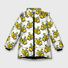 Зимняя куртка для девочек 3D с принтом Among us Pikachu в Петрозаводске, ткань верха — 100% полиэстер; подклад — 100% полиэстер, утеплитель — 100% полиэстер. | длина ниже бедра, удлиненная спинка, воротник стойка и отстегивающийся капюшон. Есть боковые карманы с листочкой на кнопках, утяжки по низу изделия и внутренний карман на молнии. 

Предусмотрены светоотражающий принт на спинке, радужный светоотражающий элемент на пуллере молнии и на резинке для утяжки. | Тематика изображения на принте: among us | baby | impostor | kawaii | pika pika | pikachu | pokemon go | there is impostor | амонг ас | девочкам | детям | космические | космонавты | малыш | мальчикам | персонажи | пика пика | пикачу | покемон | предатель среди нас |