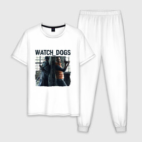 Мужская пижама хлопок с принтом Watch dogs (Z) в Петрозаводске, 100% хлопок | брюки и футболка прямого кроя, без карманов, на брюках мягкая резинка на поясе и по низу штанин
 | black viceroys | ubisoft montreal | watch dogs | watchdogs | watch_dogs | взлом | делфорд уэйд | дефолт | джей би | джей би маркович | дэмиен брэнкс | клара лилл | куинн | лаки | лис | мститель | пирс | рэймонд кинни | сторожевые п