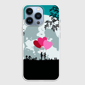 Чехол для iPhone 13 Pro с принтом Влюбленная Пара в Петрозаводске,  |  | heart | leaves | love | love you | minimal | moon | night | влюбленная пара | влюбленные | воздушные шары | деревья | листья | луна | любовь | минимализм | ночь | отношения | полнолуние | природа | сердечки | сердца | сердце