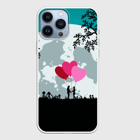 Чехол для iPhone 13 Pro Max с принтом Влюбленная Пара в Петрозаводске,  |  | heart | leaves | love | love you | minimal | moon | night | влюбленная пара | влюбленные | воздушные шары | деревья | листья | луна | любовь | минимализм | ночь | отношения | полнолуние | природа | сердечки | сердца | сердце