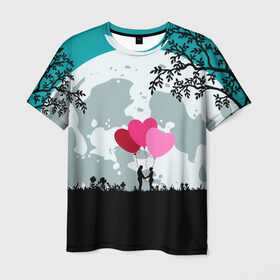 Мужская футболка 3D с принтом Влюбленная Пара в Петрозаводске, 100% полиэфир | прямой крой, круглый вырез горловины, длина до линии бедер | heart | leaves | love | love you | minimal | moon | night | влюбленная пара | влюбленные | воздушные шары | деревья | листья | луна | любовь | минимализм | ночь | отношения | полнолуние | природа | сердечки | сердца | сердце