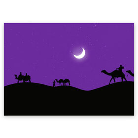 Поздравительная открытка с принтом Арабская Ночь в Петрозаводске, 100% бумага | плотность бумаги 280 г/м2, матовая, на обратной стороне линовка и место для марки
 | minimal | moon | night | арабская ночь | верблюд | верблюды | звезды | караван верблюдов | луна | минимализм | небо | ночное небо | ночь | природа | пустыня | силуэт | силуэты