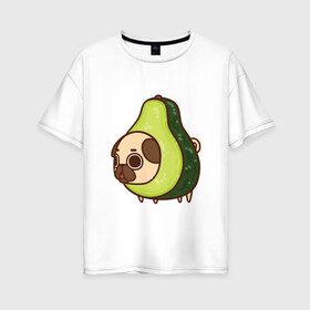 Женская футболка хлопок Oversize с принтом Мопс-авокадо в Петрозаводске, 100% хлопок | свободный крой, круглый ворот, спущенный рукав, длина до линии бедер
 | авокадо | арт | мопс | рисунок | сладкий | сладость | собака в костюме | собака в костюмчике | фрукт | фрукты