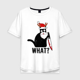 Мужская футболка хлопок Oversize с принтом What Cat (Новый Год) в Петрозаводске, 100% хлопок | свободный крой, круглый ворот, “спинка” длиннее передней части | 