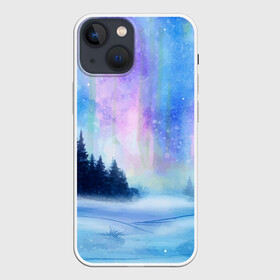 Чехол для iPhone 13 mini с принтом Зимняя соната в Петрозаводске,  |  | watercolor | акварель | зима | лес | сияние | снег
