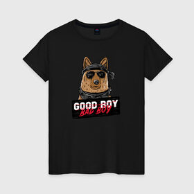 Женская футболка хлопок с принтом Bad Boy в Петрозаводске, 100% хлопок | прямой крой, круглый вырез горловины, длина до линии бедер, слегка спущенное плечо | animal | dog | good | домашний | животные | звери | крутой | мальчик | милый | надпись | очки | пес | питомец | собака | собакен | табличка | хороший | щенок