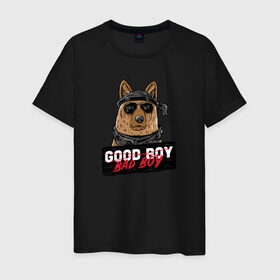 Мужская футболка хлопок с принтом Bad Boy в Петрозаводске, 100% хлопок | прямой крой, круглый вырез горловины, длина до линии бедер, слегка спущенное плечо. | animal | dog | good | домашний | животные | звери | крутой | мальчик | милый | надпись | очки | пес | питомец | собака | собакен | табличка | хороший | щенок